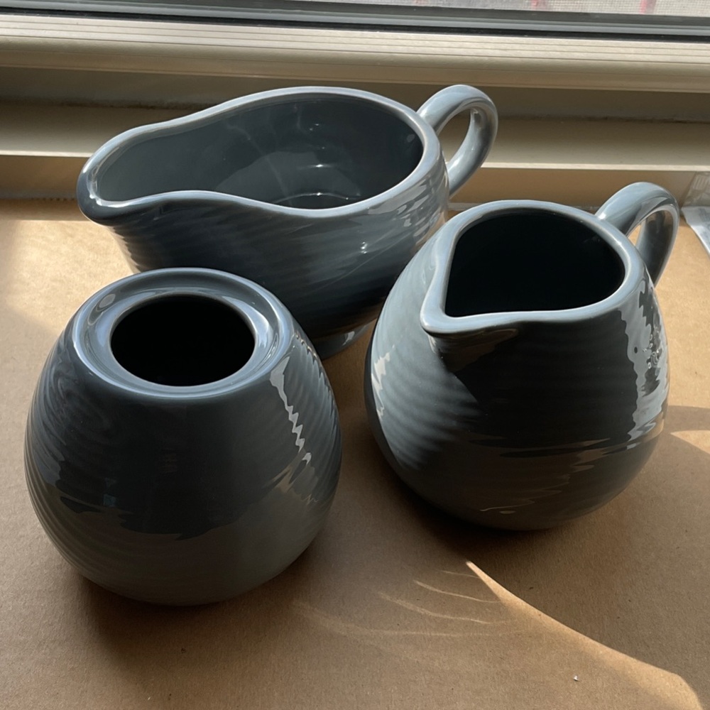 ⚫️NEW Temptations Tara Woodland Gray, 3 Pieces Sugar Bowl, Creamer & Gravy Boat